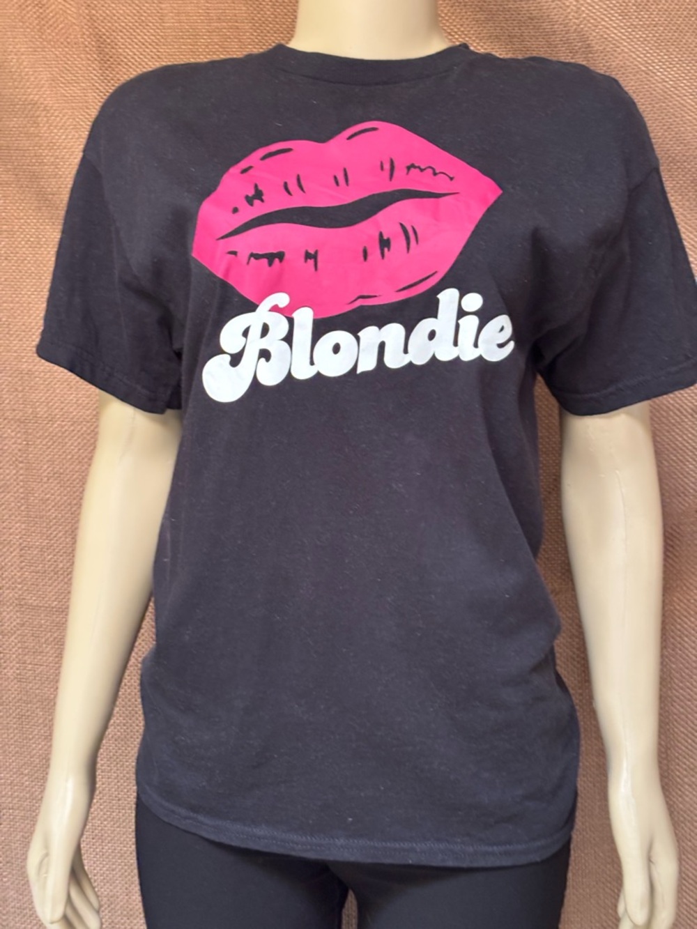 Gildan Vintage Black Graphic Tee Pink and White Blondie Logo